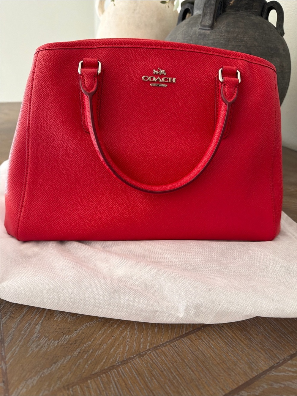 Coach Red Pebbled Leather Satchel with Gold Logo
